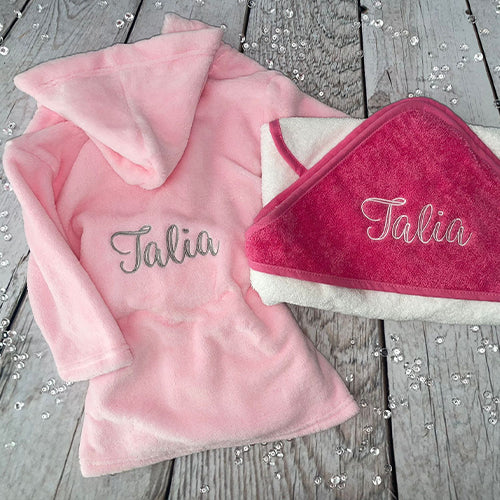 Personalised Baby Pink Dressing Gown Pink Hooded Towel Set